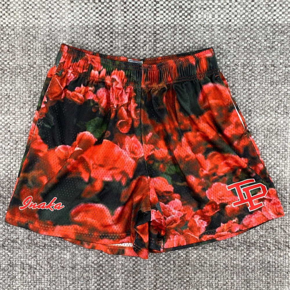 Inaka Power Mesh Gym Shorts Mens Large Red Black Floral Rose Logo Power Lifter